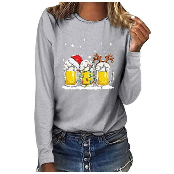 pimelu Christmas Shirts Clearance Christmas Shirts for Women Fashion Beer Glasses Print Loose Pullover Blouses Lightweight Round Neck Long Sleeve Ladies Tee Tops
