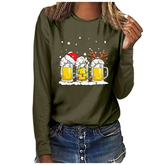 pimelu Christmas Shirts Christmas Shirts for Women Fashion Beer Glasses Print Loose Pullover Blouses Lightweight Round Neck Long Sleeve Ladies Tee Tops