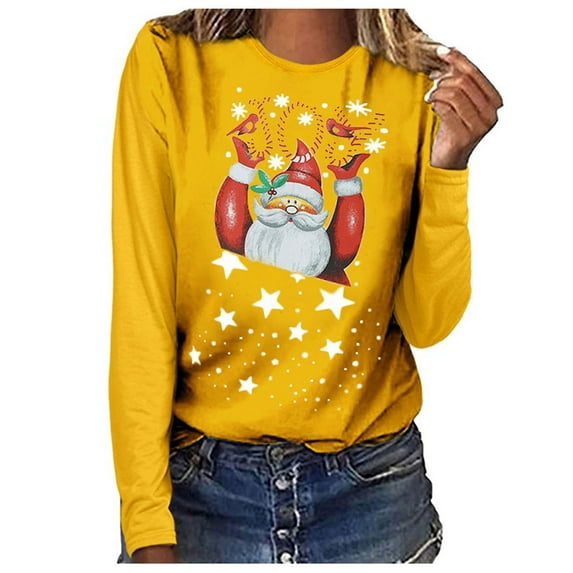 pimelu Christmas Shirts Clearance Christmas Tops for Women Loose Fashion Star Santa Claus Graphics Pullover Blouses Ladies Lightweight Round Neck Long Sleeve Tshirt