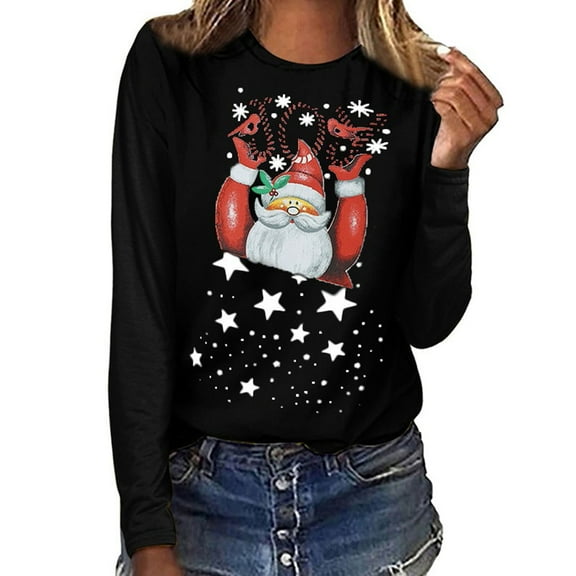 pimelu Christmas Shirts Christmas Tops for Women Loose Fashion Star Santa Claus Graphics Pullover Blouses Ladies Lightweight Round Neck Long Sleeve Tshirt