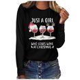 thumbnail image 1 of pimelu Christmas Shirts Clearance Trendy Christmas Shirts Womens Fashion Letter Print Wine Glasses Print Pullover Blouses Plus Size Crewneck Long Sleeve Tee Tops, 1 of 4