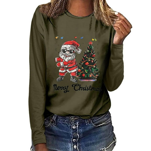 pimelu Christmas Shirts Womens Long Sleeve Tops Christmas Fashion Santa Claus Print Graphics Pullover Blouses Plus Size Round Neck Ladies Merry Christmas Shirts