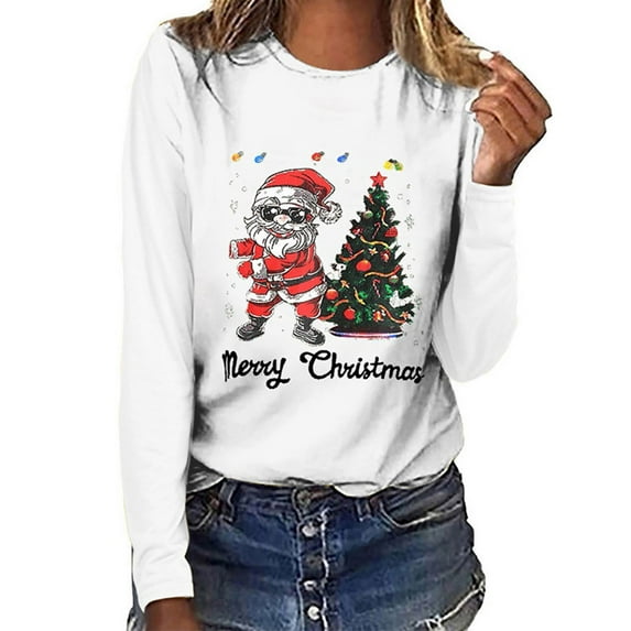 pimelu Christmas Shirts Clearance Womens Long Sleeve Tops Christmas Fashion Santa Claus Print Graphics Pullover Blouses Plus Size Round Neck Ladies Merry Christmas Shirts