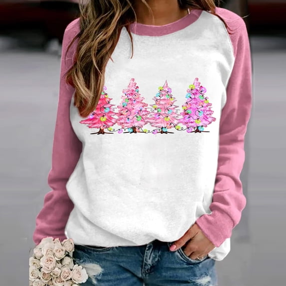 pimelu Christmas Sweater Clearance Christmas Shirts for Women Trendy Pink Christmas Tree Print Graphics Sweatshirt Ladies Long Raglan Sleeve Round Neck Pullover Tops
