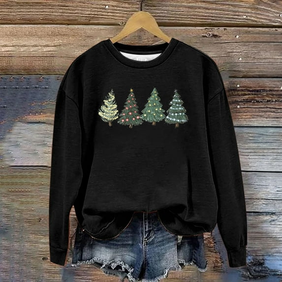 pimelu Christmas Sweater Clearance Crewneck Sweatshirt for Women Christmas Fashion Xmas Tree Print Plus Size Sweatshirts Top Ladies Long Sleeve Round Neck Pullover Blouses