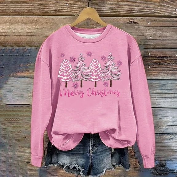 pimelu Christmas Sweater Merry Christmas Womens Sweatshirt Trendy Pink Christmas Tree Graphics Print Shirts Xmas Girls Plus Size Long Sleeve Crewneck Pullover Top