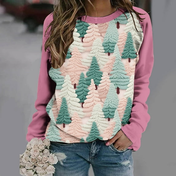 pimelu Christmas Sweater Clearance Women Crew Neck Sweatshirt for Christmas Ladies Trendy Color Block Christmas Tree Print Pullover Girls Round Neck Long Sleeve Shirt Tops
