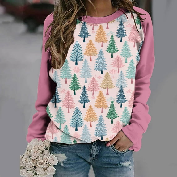 pimelu Christmas Sweater Clearance Womens Christmas Tops Ladies Fashion Christmas Tree Print Color Block Pullover Shirt Girls Raglan Long Sleeve Crewneck Sweatshirt