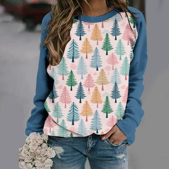 pimelu Christmas Sweater Clearance Womens Christmas Tops Ladies Fashion Christmas Tree Print Color Block Pullover Shirt Girls Raglan Long Sleeve Crewneck Sweatshirt