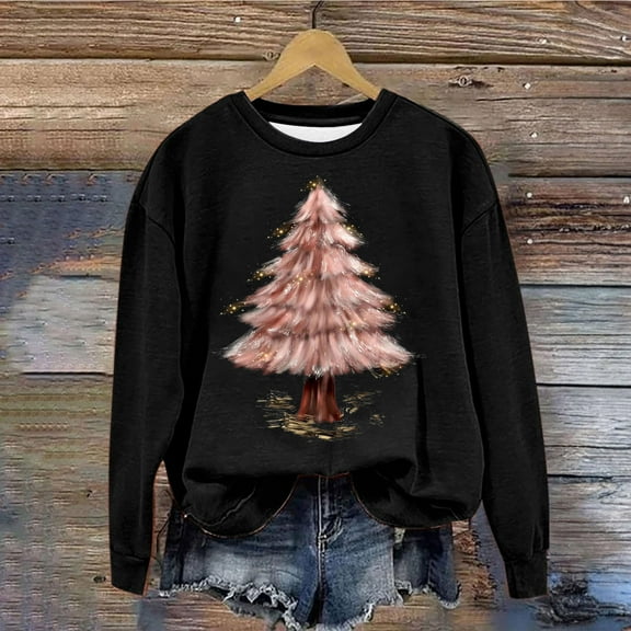 pimelu Christmas Sweatshirt Christmas Sweater for Women Plus Size Long Sleeve Crewneck Sweatshirt Tops Ladies Fashion Christmas Tree Graphics Pullover Shirts