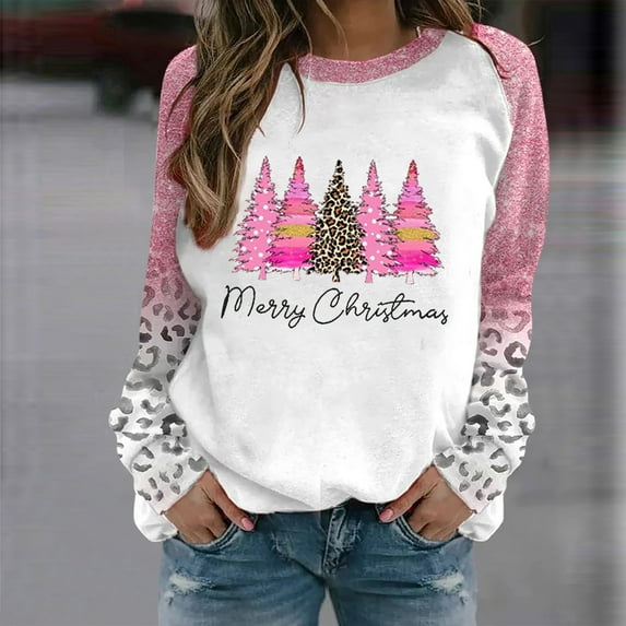 pimelu Christmas Sweatshirt Clearance Christmas Tops for Women Merry Christmas Vintage Leopard Xmas Tree Print Sweater Ladies Long Sleeve Crewneck Pullover Sweatshirt