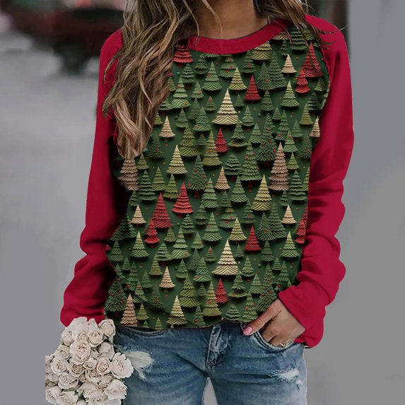 pimelu Christmas Sweatshirt Clearance Cute Christmas Shirts for Women Fashion Color Block Christmas Graphics Sweatshirt Laides Round Neck Raglan Long Sleeve Pullover Tops