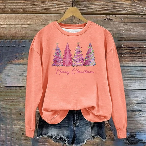 pimelu Christmas Sweatshirt Merry Christmas Shirt Womens Trendy Christmas Tree Graphics Print Sweater Tops Plus Size Ladies Long Sleeve Crewneck Pullover Sweatshirt