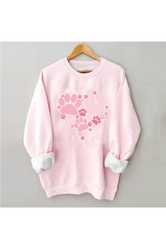 Christmas Sweatshirt Pink Crewneck Sweatshirt for Women Christmas Fashion Dog Paw Graphics Sweater Ladies Girls Loose Long Sleeve Pullover Blouses Top