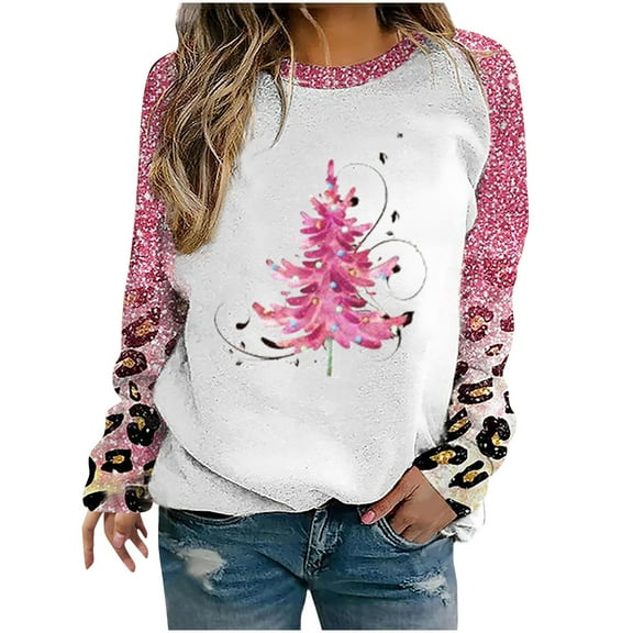 pimelu Christmas Sweatshirt Ugly Christmas Sweater Womens Vintage Leopard Patchwork Pink Christmas Tree Print Sweatshirt Xmas Crewneck Long Sleeve Pullover Tops