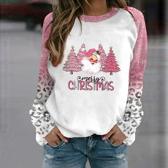 pimelu Christmas Sweatshirt Womens Christmas Santa Claus Sweater Fashion Pink Christmas Tree Print Leopard Patchwork Sweatshirt Xmas Ladies Pullover Tops