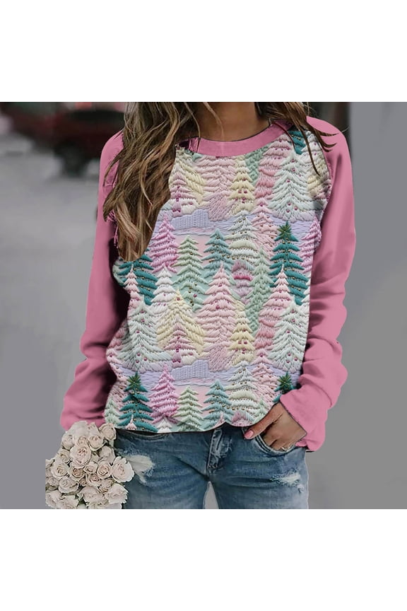 Christmas Sweatshirt Womens Ugly Christmas Sweater Color Patchwork Trendy Christmas Tree Print Pullover Tops Ladies Raglan Sleeve Crewneck Sweatshirt