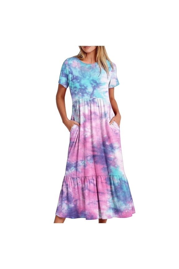 Dresses for Women Cocktail Dresses for Women Beach Loose Pleated Swing Ruffle Hem Tunic Maxi Dress with Pocket Summer Casual Tie-Dye Print Short Sleeve Round Neck Ladies Long Dress