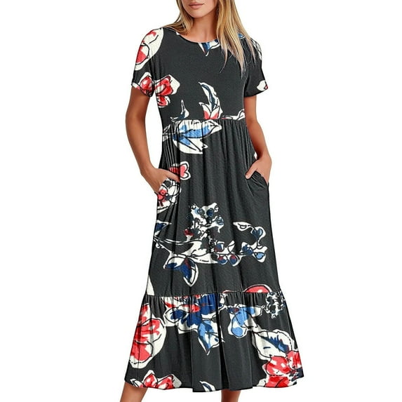 pimelu Dresses for Women Cocktail Dresses for Women Loose Flowy Pleated Ruffle Swing Tunic Maxi Dresses with Pocket Summer Vintage Floral Print Short Sleeve Crewneck Ladies Long Sundresses