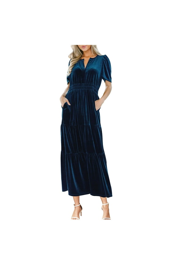 Dresses for Women Cocktail Dresses for Women Party Comfy Gold Velvet Elastic Waist Pleated Swing Pocket Dress Summer Fashion Solid Short Sleeve V-Neck Women Long Sundress