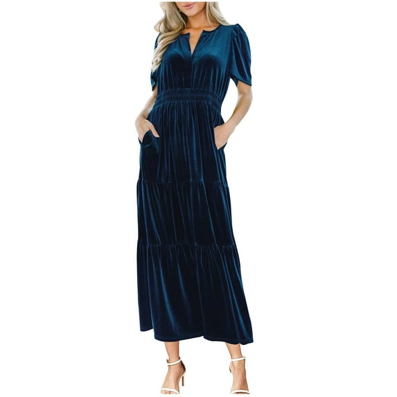 pimelu Dresses for Women Cocktail Dresses for Women Party Comfy Gold Velvet Elastic Waist Pleated Swing Pocket Dress Summer Fashion Solid Short Sleeve V-Neck Women Long Sundress