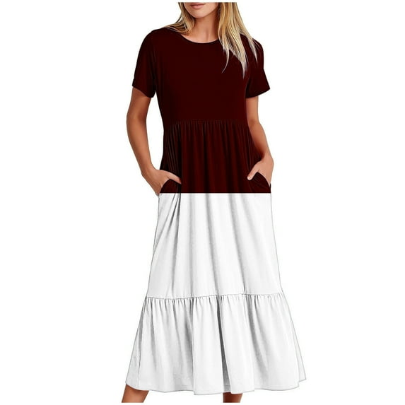 pimelu Dresses for Women Cocktail Dresses for Women Pleated Swing Loose A Line Beach Maxi Dress with Pocket Summer Formal Color Patchwork Short Sleeve Crewneck Girls Long Sun Dresses