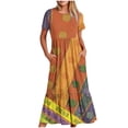thumbnail image 1 of pimelu Dresses for Women Cocktail Dresses for Women Vintage Western Graphics Pleated Swing Tunic Maxi Dress with Pocket Summer Casual Ethnic Style Print Short Sleeve Crewneck Women Long Sun Dresses, 1 of 4