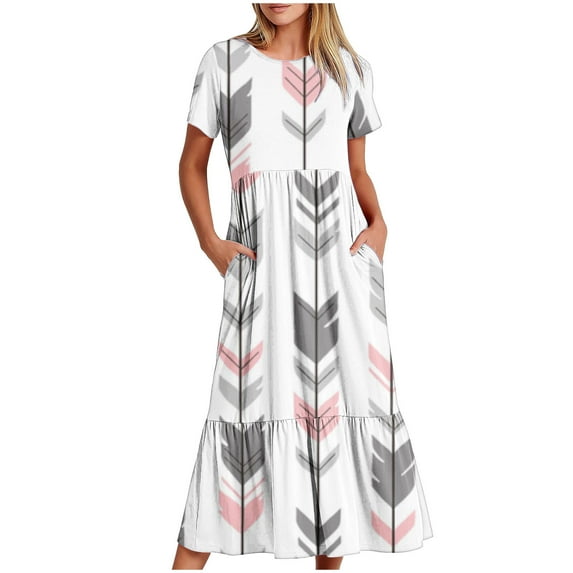 pimelu Dresses for Women Dresses for Women 2024 Beach Loose Pleated Swing Ruffle Hem Tunic Long Dress with Pocket Summer Trendy Geometric Graphics Short Sleeve Round Neck Womens Maxi Sun Dress