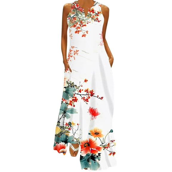 pimelu Dresses for Women Dresses for Women 2024 Beach Loose Pocket Tank Maxi Sundress Summer Elegant Floral Print Sleeveless V-Neck Women Long Dresses
