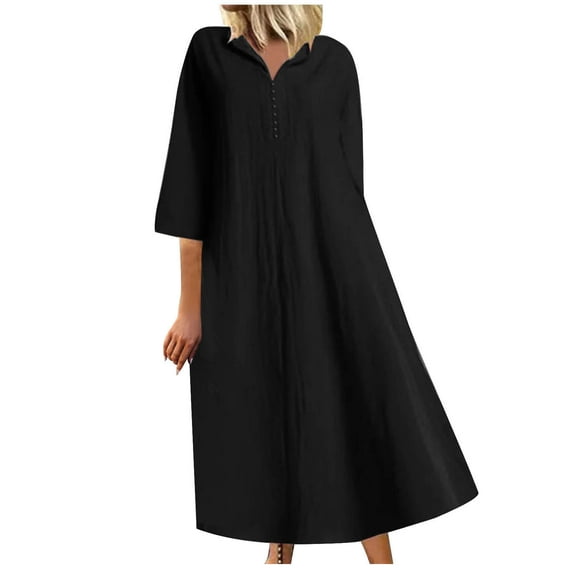 pimelu Dresses for Women Dresses for Women 2024 Button up Plus Size Loose Swing Cotton Linen Maxi Dress Summer Casual Solid Elbow-Length Lapel Ladies Long Sun Dress