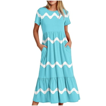 pimelu Dresses for Women Dresses for Women 2024 Loose Flowy Pleated Ruffle Swing Tunic Maxi Dress with Pocket Summer Casual Striped Print Short Sleeve Round Neck Women Long Dresses