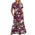 thumbnail image 1 of pimelu Dresses for Women Dresses for Women 2024 Loose Flowy Pleated Swing A Line Long Dress with Pocket Summer Formal Floral Print Short Sleeve Crewneck Ladies Maxi Sun Dress, 1 of 5