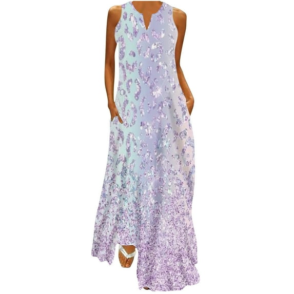 pimelu Dresses for Women Dresses for Women 2024 Party Prom Loose Flowy Ruffle Hem Long Tank Dress with Pocket Summer Elegant Sequin Sleeveless V-Neck Womens Maxi Sun Dresses