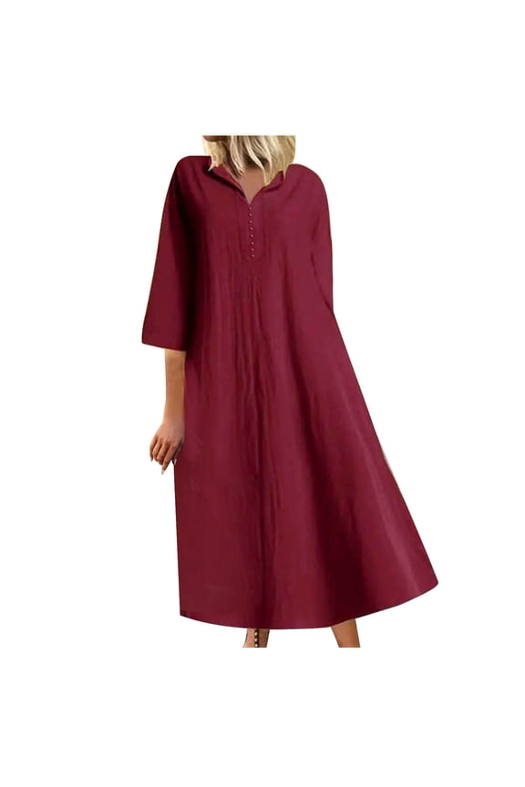 Dresses for Women Dresses for Women Button up Plus Size Loose Swing Cotton Linen Maxi Dress Summer Vintage Solid Elbow-Length Lapel Women Long Sun Dress