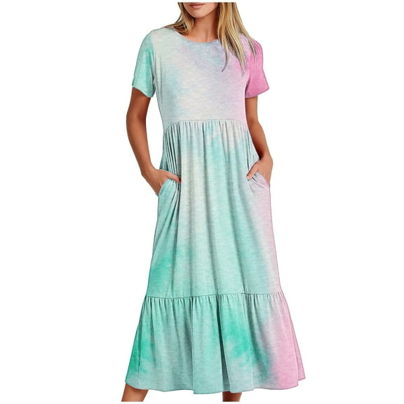 pimelu Dresses for Women Dresses for Women Flowy Pleated Ruffle Swing Loose A Line Pocket Long Dresses Summer Fashion Tie-Dye Print Short Sleeve Round Neck Girls Maxi Sun Dresses