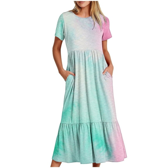 pimelu Dresses for Women Dresses for Women Flowy Pleated Ruffle Swing Loose A Line Pocket Long Dresses Summer Fashion Tie-Dye Print Short Sleeve Round Neck Girls Maxi Sun Dresses