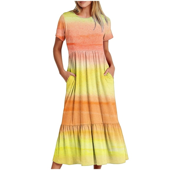 pimelu Dresses for Women Dresses for Women Flowy Pleated Ruffle Swing Loose Tunic Pocket Long Dresses Summer Vintage Tie-Dye Short Sleeve Round Neck Girls Maxi Sundresses
