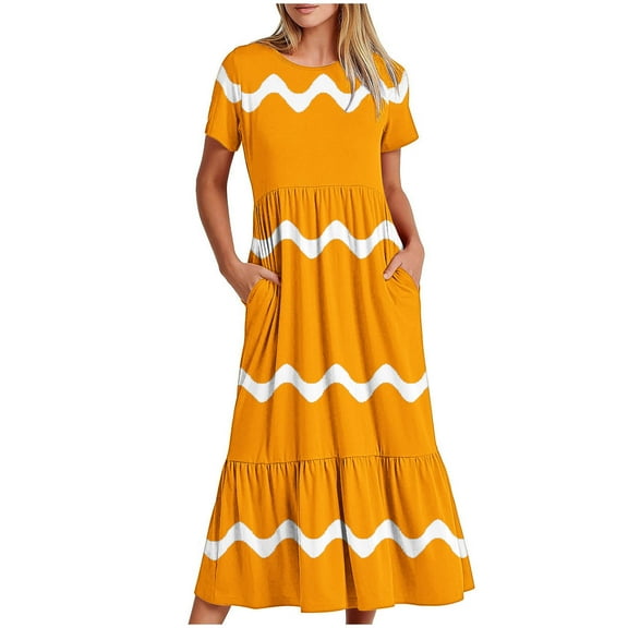 pimelu Dresses for Women Dresses for Women Loose Flowy Pleated Ruffle Swing Tunic Maxi Dress with Pocket Summer Formal Striped Print Short Sleeve Round Neck Women Long Dress