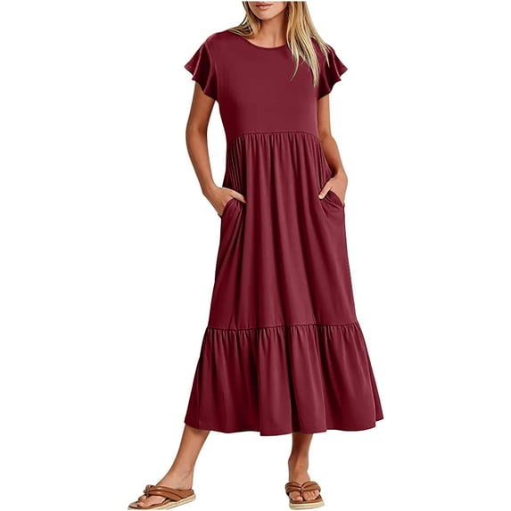pimelu Dresses for Women Dresses for Women Smocked Loose Flowy Ruffle Swing Pocket Maxi Dress Summer Casual Solid Short Sleeve Round Neck Girls Long Dresses