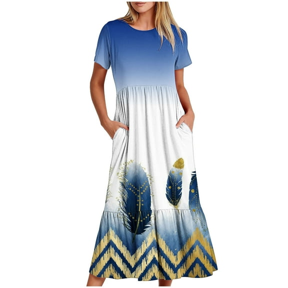 pimelu Dresses for Women Formal Dresses for Women Loose Flowy Pleated Ruffle Swing Tunic Maxi Dress with Pocket Summer Vintage Feather Print Short Sleeve Crewneck Ladies Long Dress