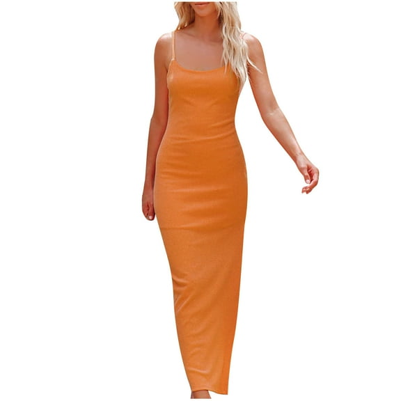 pimelu Dresses for Women Formal Dresses for Women Party Club Spaghetti Strap Knitted Bodycon Dress Summer Trendy Solid Sleeveless Round Neck Ladies Long Sun Dresses