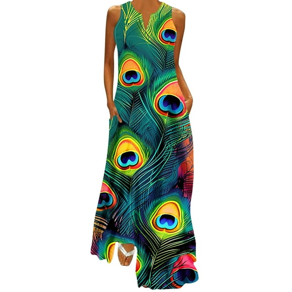 pimelu Dresses for Women Formal Dresses for Women Vintage Graphics Beach Loose Long Tank Dress with Pocket Summer Casual Ethnic Style Print Sleeveless V-Neck Ladies Maxi Dress