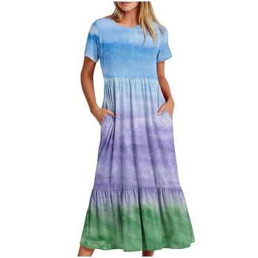 pimelu Dresses for Women Maxi Dress for Women Flowy Pleated Ruffle Swing Loose A Line Pocket Maxi Dress Summer Fashion Tie-Dye Print Short Sleeve Crewneck Ladies Long Sundresses