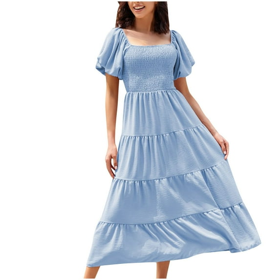 pimelu Dresses for Women Maxi Dress for Women Beach Boho Elastic Waist Flowy Ruffle Swing A Line Long Dress Summer Formal Solid Short Sleeve Square Neck Women Maxi Sun Dress