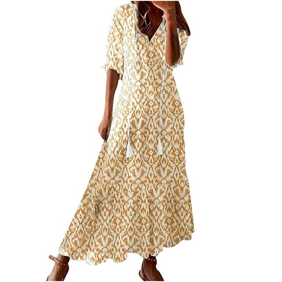 pimelu Dresses for Women Maxi Dress for Women Beach Boho Loose Ruffle Hem Long Dress with Tassel Summer Trendy Geometric Print Short Sleeve V-Neck Girls Maxi Sun Dresses