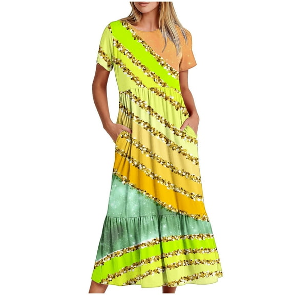 pimelu Dresses for Women Maxi Dress for Women Beach Loose Pleated Swing Ruffle Hem A Line Long Dress with Pocket Summer Elegant Striped Print Short Sleeve Crewneck Girls Maxi Sun Dresses