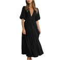 thumbnail image 1 of pimelu Dresses for Women Maxi Dress for Women Lantern Sleeve Elastic Waist Flowy Pleated Swing Beach Boho Dress Summer Vintage Solid Short Sleeve V-Neck Girls Long Sundresses, 1 of 6