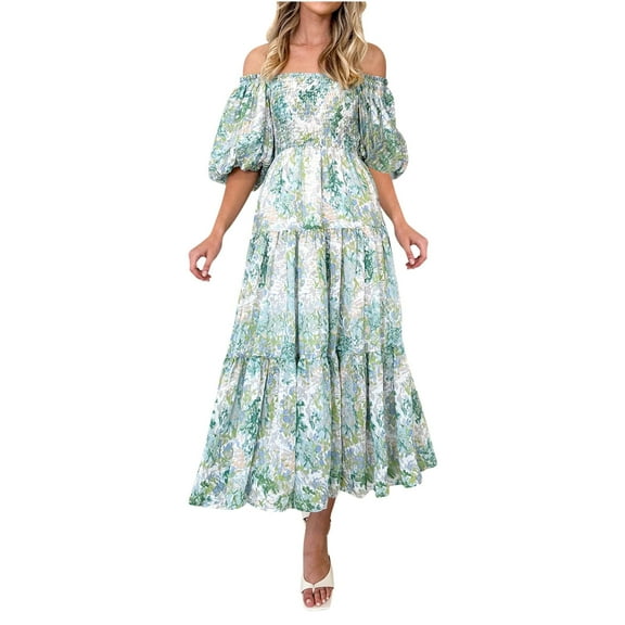 pimelu Dresses for Women Maxi Dress for Women Party Prom off Shoulder Loose Flowy Ruffle Swing Maxi Dresses Summer Vintage Floral Print Short Sleeve Tube Top Women Long Sundress