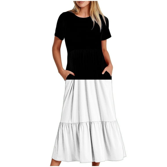 pimelu Dresses for Women Maxi Dress for Women Pleated Swing Loose A Line Beach Maxi Dress with Pocket Summer Fashion Color Patchwork Short Sleeve Crewneck Girls Long Sundress