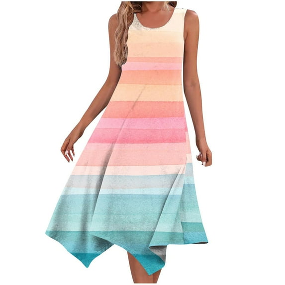 pimelu Dresses for Women Maxi Dresses for Women 2024 Beach Loose Irregular Pleated Swing Tunic Tank Midi Dress Summer Vintage Color Block Sleeveless Crewneck Girls Knee-Length Dress